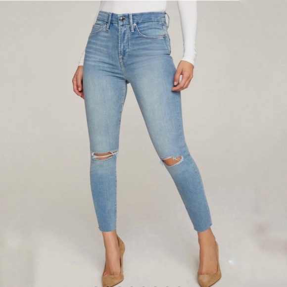 GOOD AMERICAN GOOD WAIST CROP RAW EDGE HIGH WAIST DISTRESSED SKINNY JEANS Sz4/27 - Picture 3 of 15